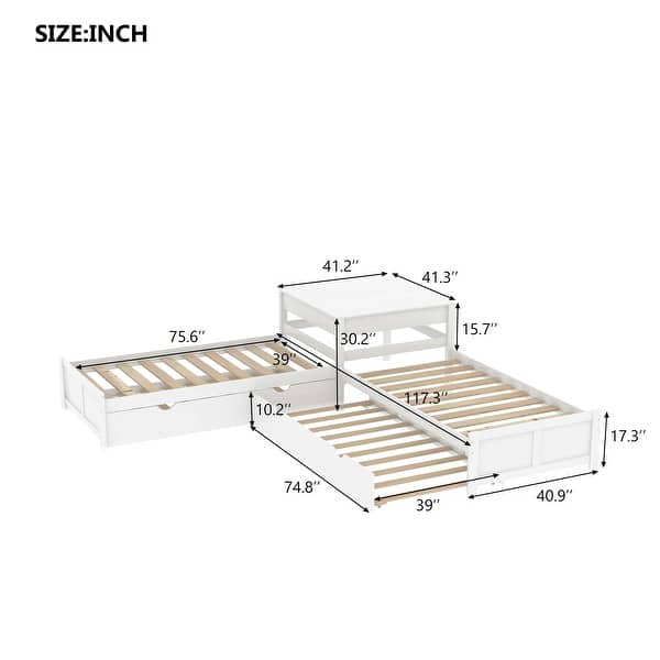 Twin Size Lshaped Platform Bed with Two Trundles and Builtin Square