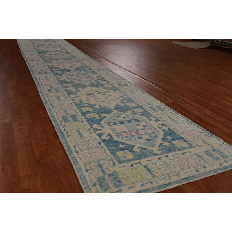 Hand Knotted Oriental 100% Wool Carpet Transitional Geometric Navy Blue & Blues Oushak Runner Rug - 17' 2'' X 3' 2''