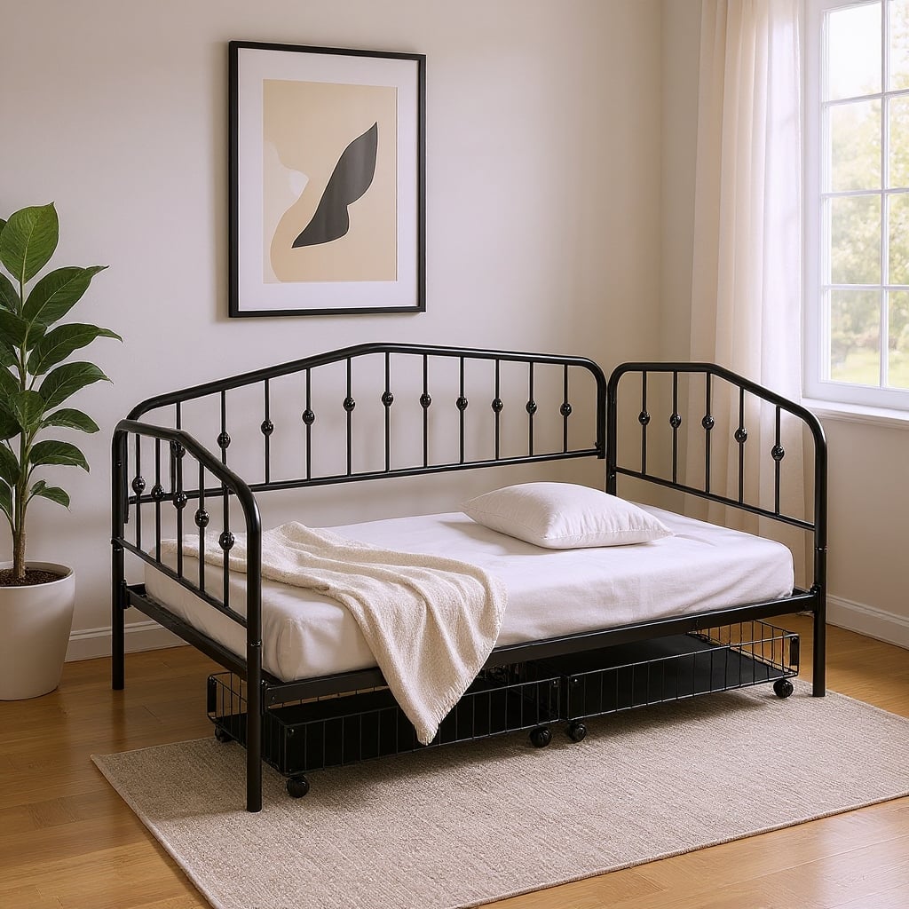 HomeRoots Black Metal Twin Bed Frame With Drawers