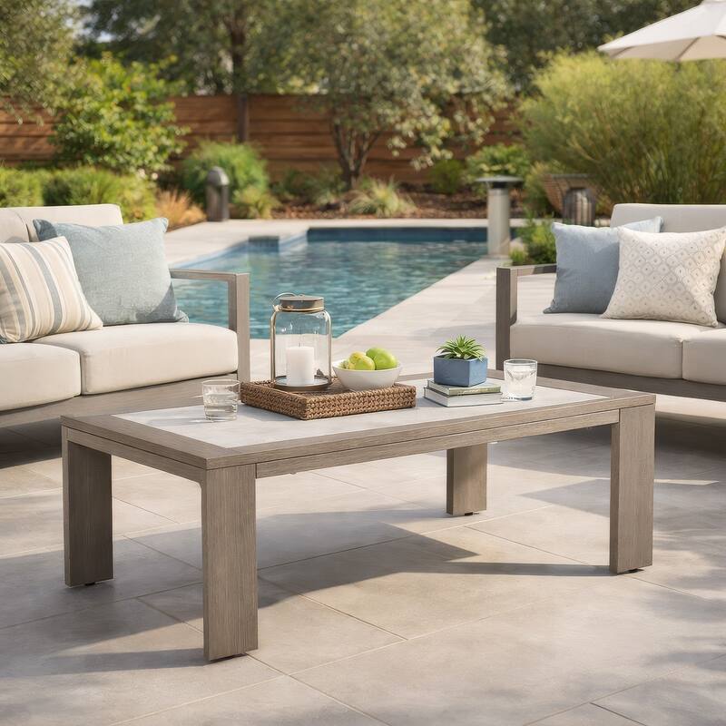 Isle Outdoor Cocktail Coffee Table, Woodlike Gray Brown Metal, 48 Inch