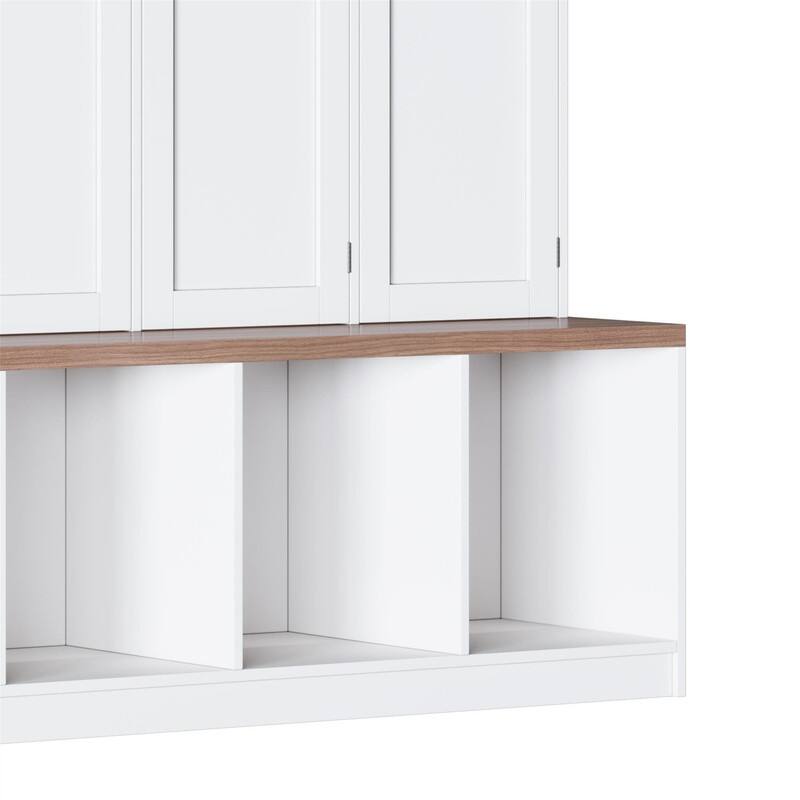 Farmhouse Hall Tree with 4 Hidden Hanging Hooks, Versatile Entryway Bench with 8 Doors, Shoe Cabinet with Open Compartments