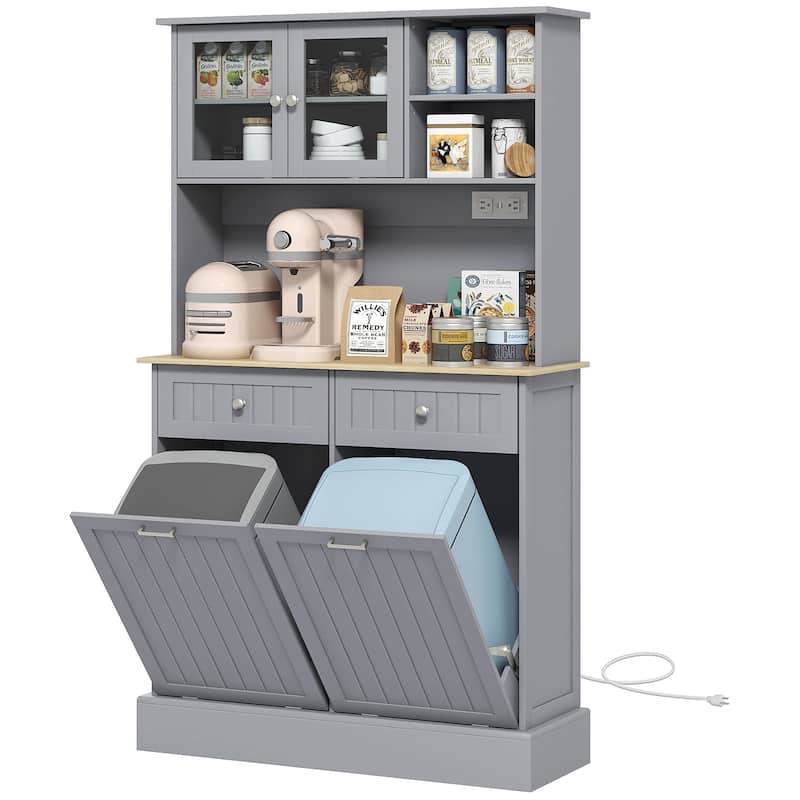 68" Kitchen Pantry Storage Cabinet with Charging Station, Freestanding Kitchen Hutch with Glass Doors and Adjustable Shelf
