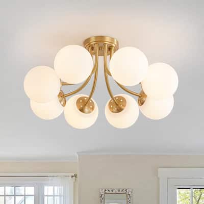 8-Light Matte Glass Globe Symmetrical Sputnik Semi-flush Mount - 26.4in