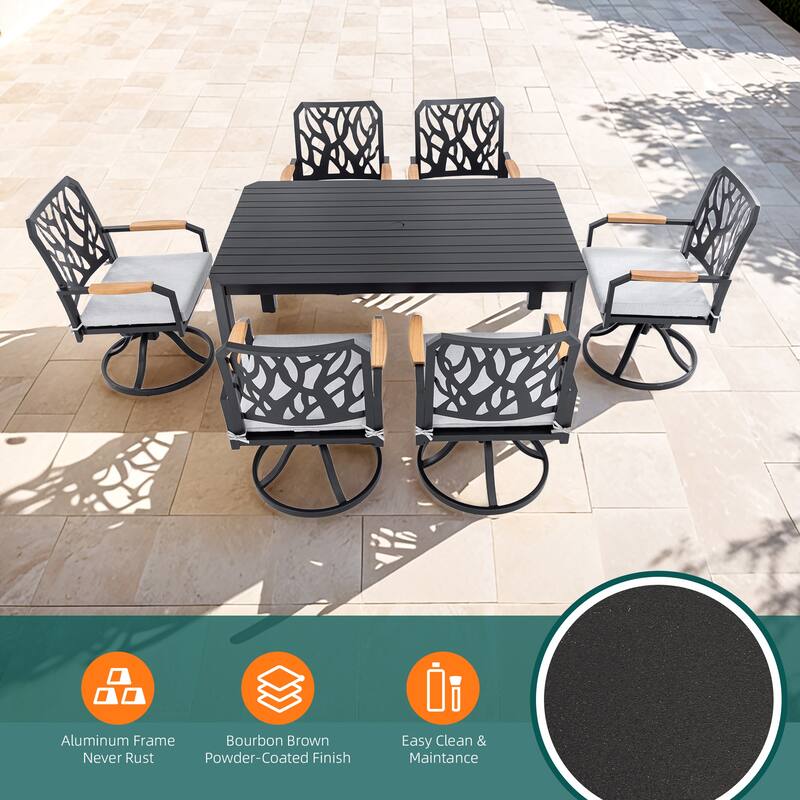 7 Piece Outdoor Aluminum Furniture Set with 6 Swivel Rocking Chairs and Rectangular Table, Patio Dining Set with Umbrella Hole