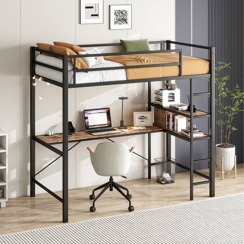 Sturdy Metal Loft Bed with Desk, Shelves, LED Lights, USB Charging Ports - Ideal for Kids, Teens, and Adults
