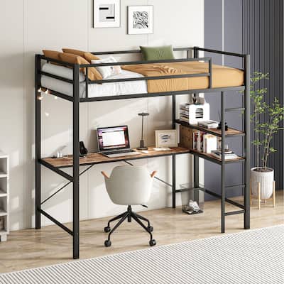 Twin Size Loft Bed LED Twin Metal Loft Bed Frame with L Shaped Desk, Shelves, Charging Station, Safety Guard and Ladder