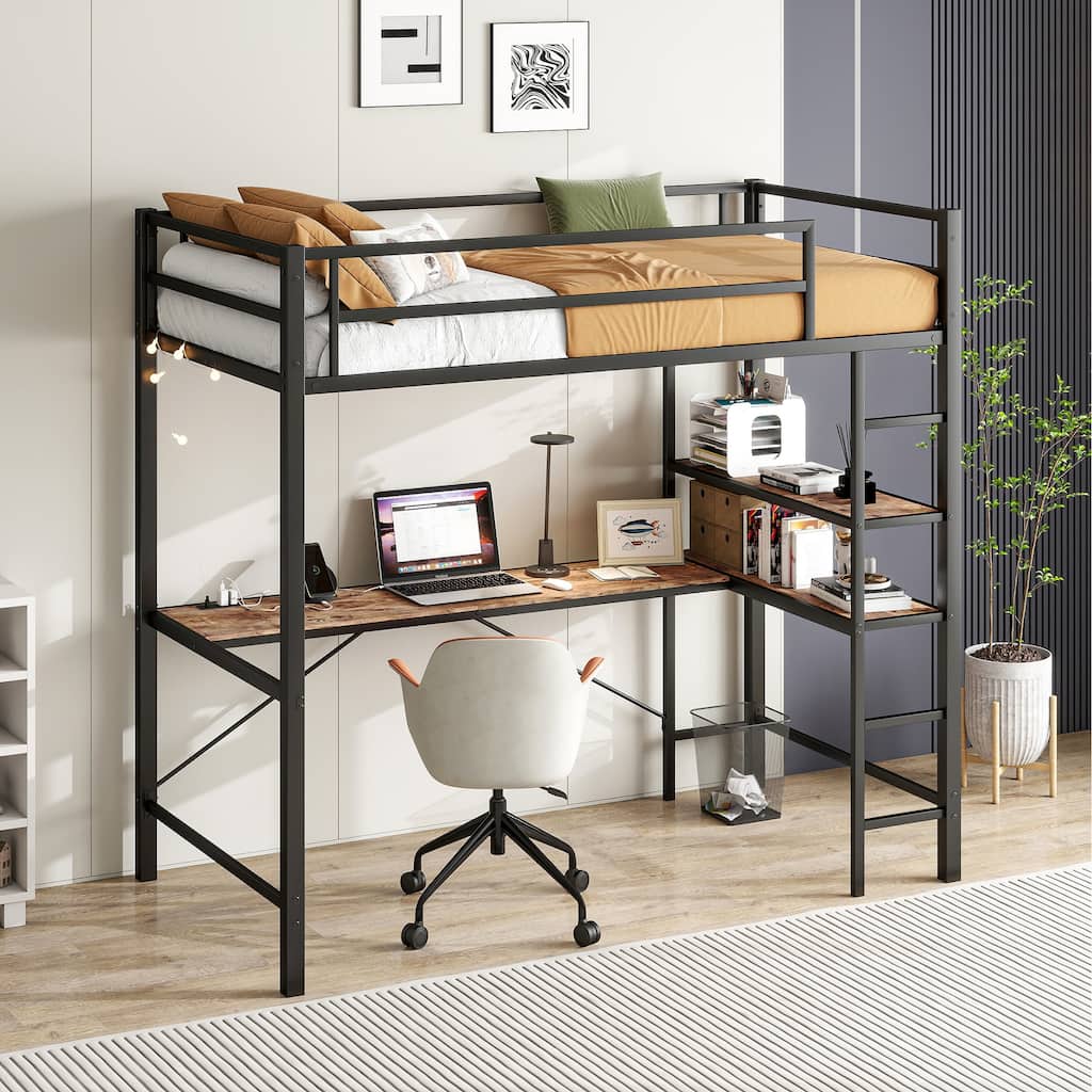 Twin Size Loft Bed LED Twin Metal Loft Bed Frame with L Shaped Desk, Shelves, Charging Station, Safety Guard and Ladder