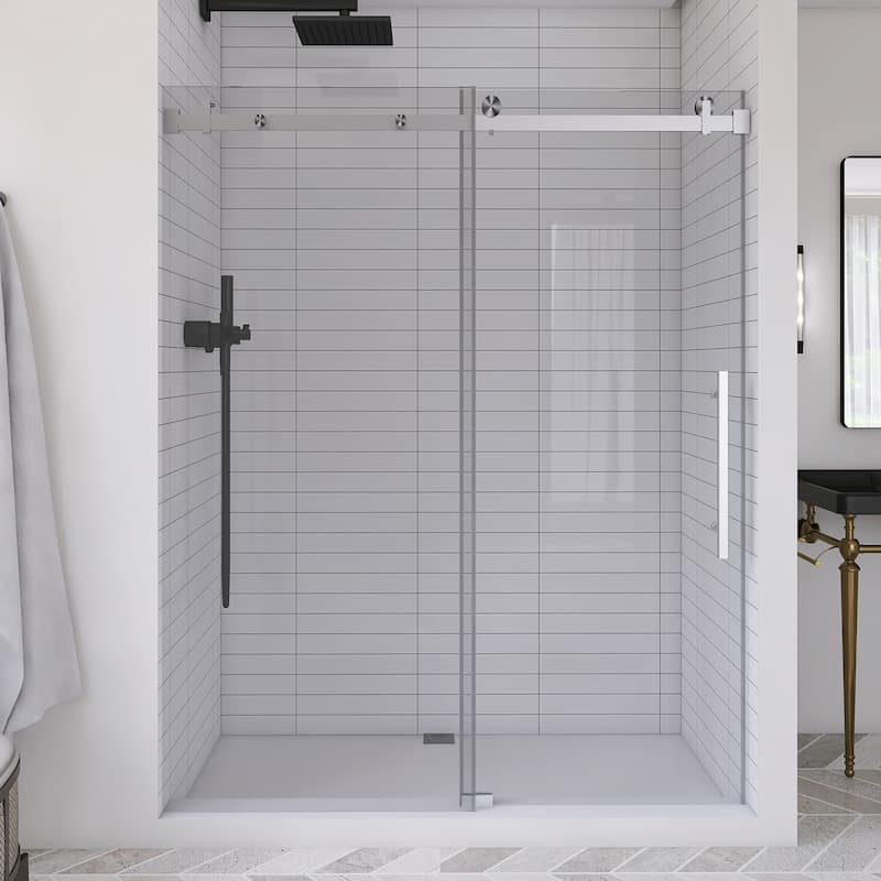 60 in. W x 76 in. H Frameless Single Sliding Shower Doors with Clear Tempered Glass - 60" x 76" in. - Brushed Nickel