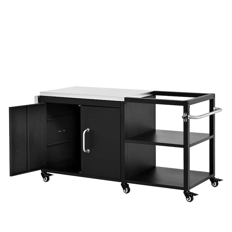 76.6"Large Grill Cart with Storage Cabinet, with Steel Drop Leaf, Grill Table with Adjustable Shelf & Hooks & Bottle Opener