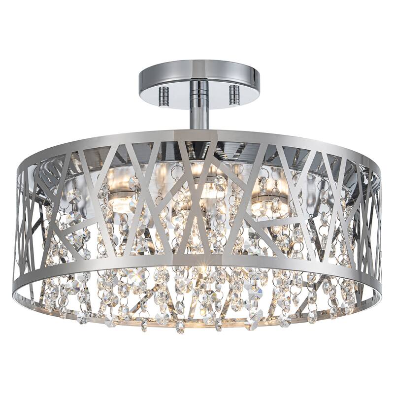 LED Semi-Flush Mount Ceiling Light Metal Carved Shade Crystal Accents - Dia.13.78-in