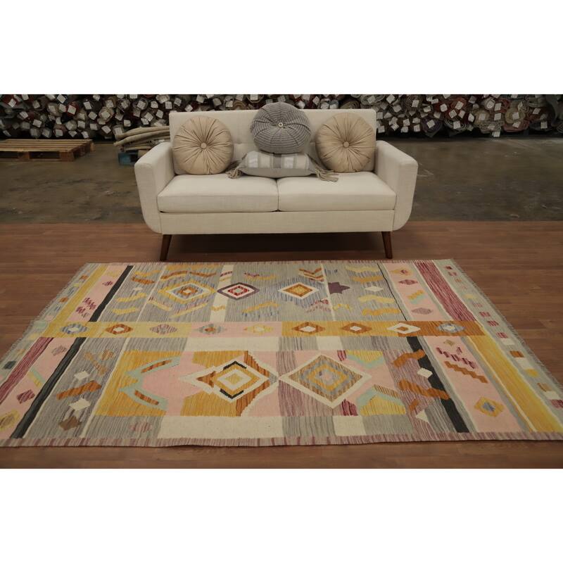 Hand Woven Oriental 100% Wool Carpet Southwestern Tribal Multi-Colored Kilim Area Rug - 7' 5'' X 4' 11''
