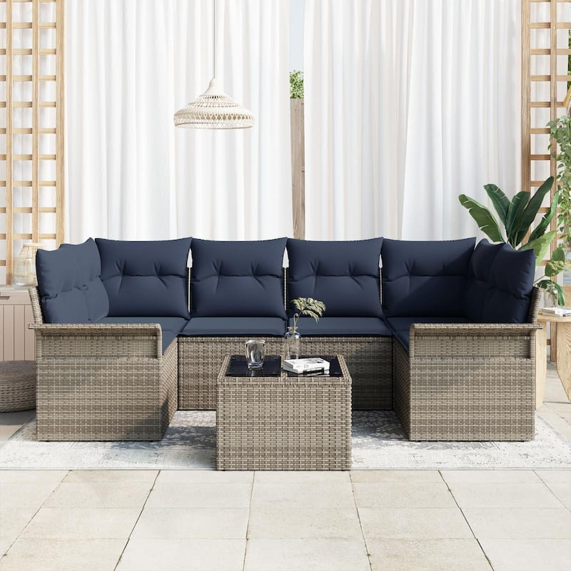 vidaXL 7-Seater Garden Sofa with Cushions Black/Brown/Grey Poly Rattan - 52.2 x 92.1 x 27.2