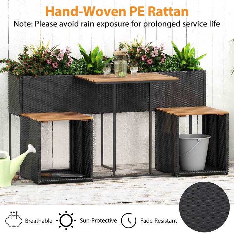 3-in-1 Raised Garden Bed Table Set with Chairs and Storage Rattan Patio Furniture Set - 59" × 27.5" × 29"
