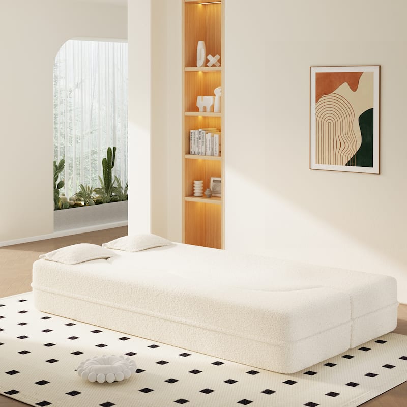 Convertible Floor Sofa with Teddy Fabric, Twin Mattress & No Assembly