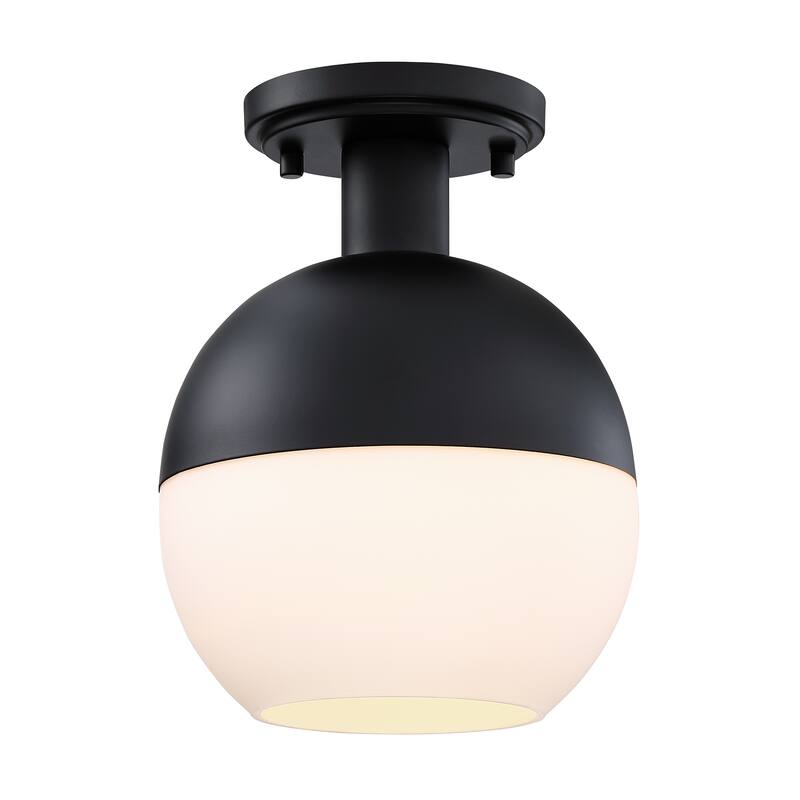 Linden 8 in. 1-Light Matte Black Mid-Century Modern Semi Flush Mount with Etched Opal Glass Shade for Bedrooms - 10.5