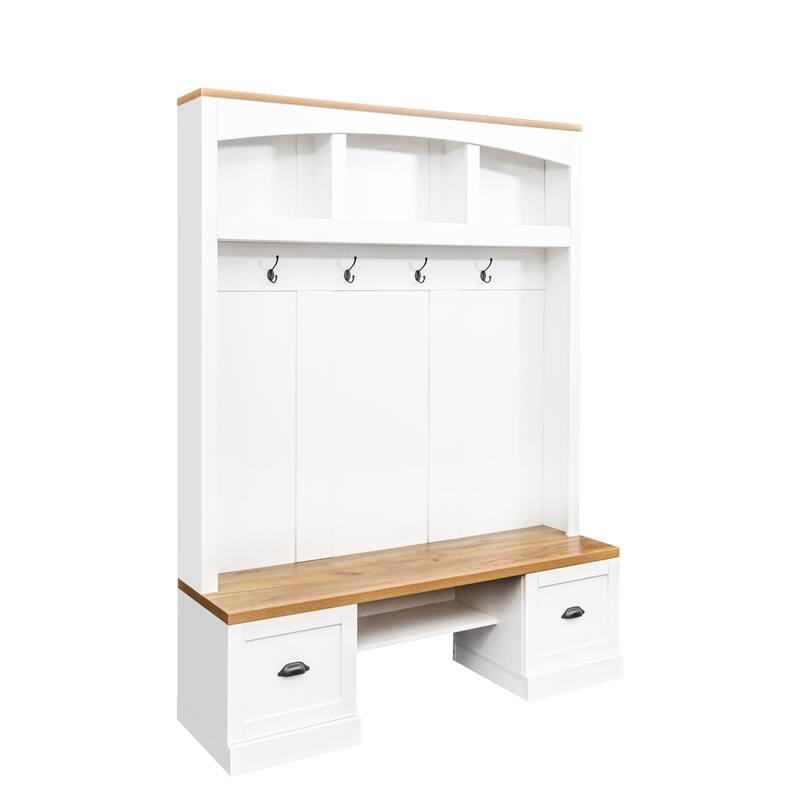 Farmhouse Hall Tree with Wood Grain Bench, Hooks and Bottom Cabinets