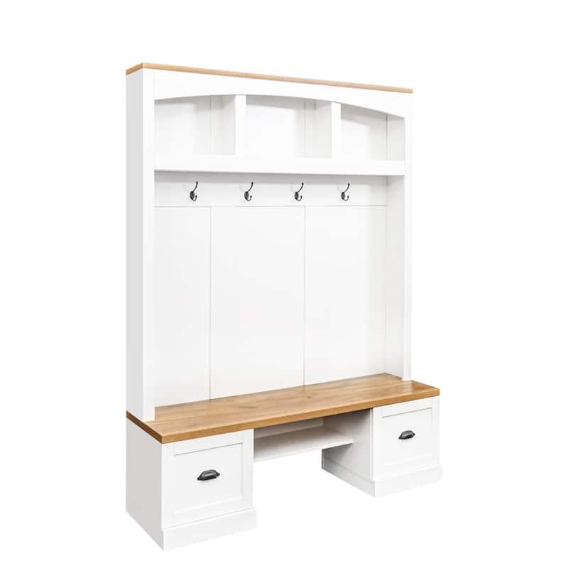 Hall Tree Entryway Cabinet with Wood Bench & Hooks, Coat Rack Storage Cabinet with Adjustable Shelves