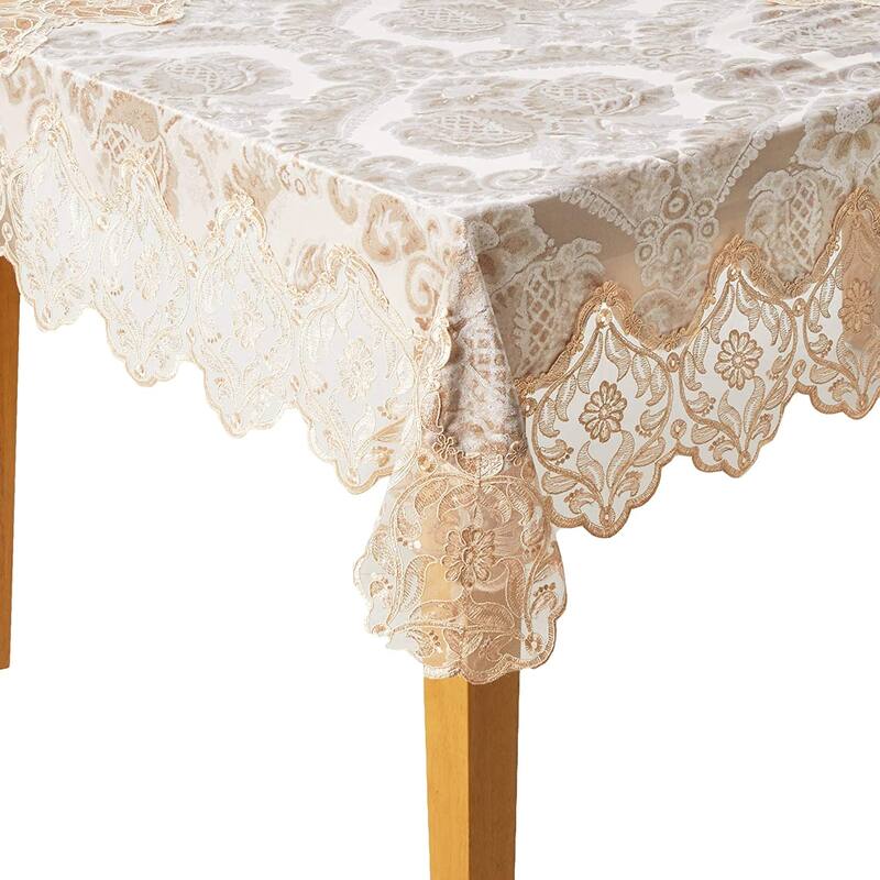 Violet Linen Deluxe Elegant Velvet Lace Sheer Floral Pattern Tablecloth - 70" X 108" - Taupe