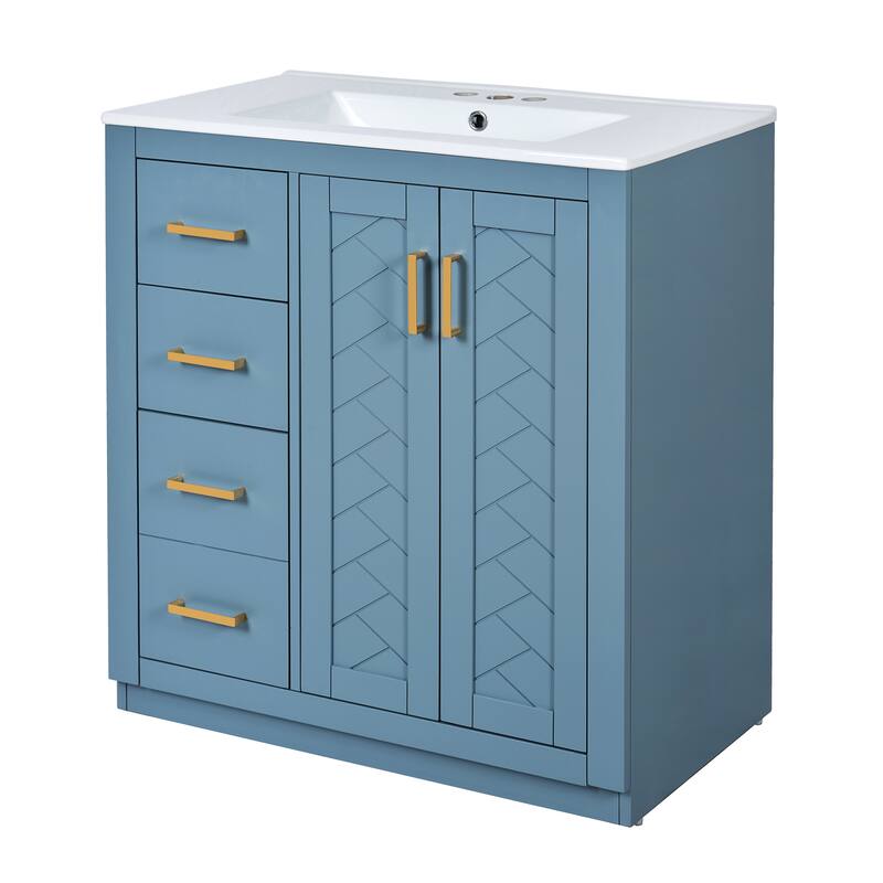 30" Bathroom Vanity with Ceramic Sink - Solid Wood Frame, 3 Drawers & 2 Soft-Close Doors - Modern Freestanding Storage Cabinet