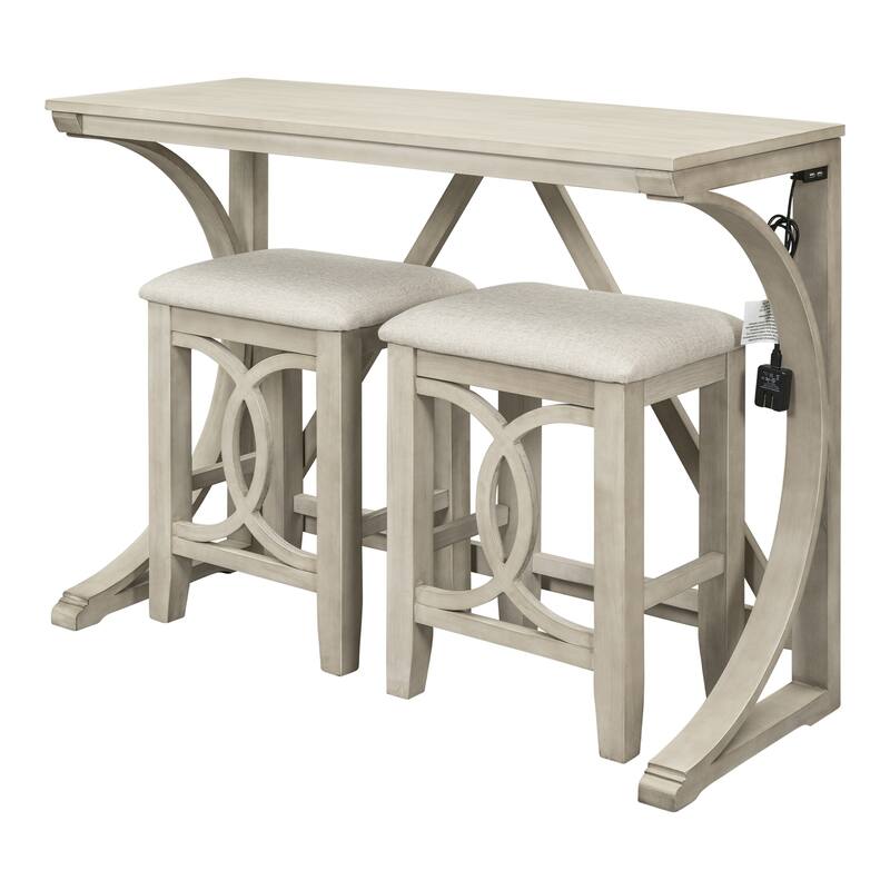 3-Piece Farmhouse Dining Set with USB Port & Stools