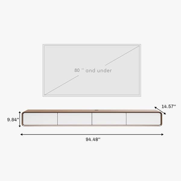 dimension image slide 1 of 12, Floating Modern TV Stand for Living Room, Wall-Mounted Entertainment Center with Storage Drawers, Solid Wood, Fully-Assembled