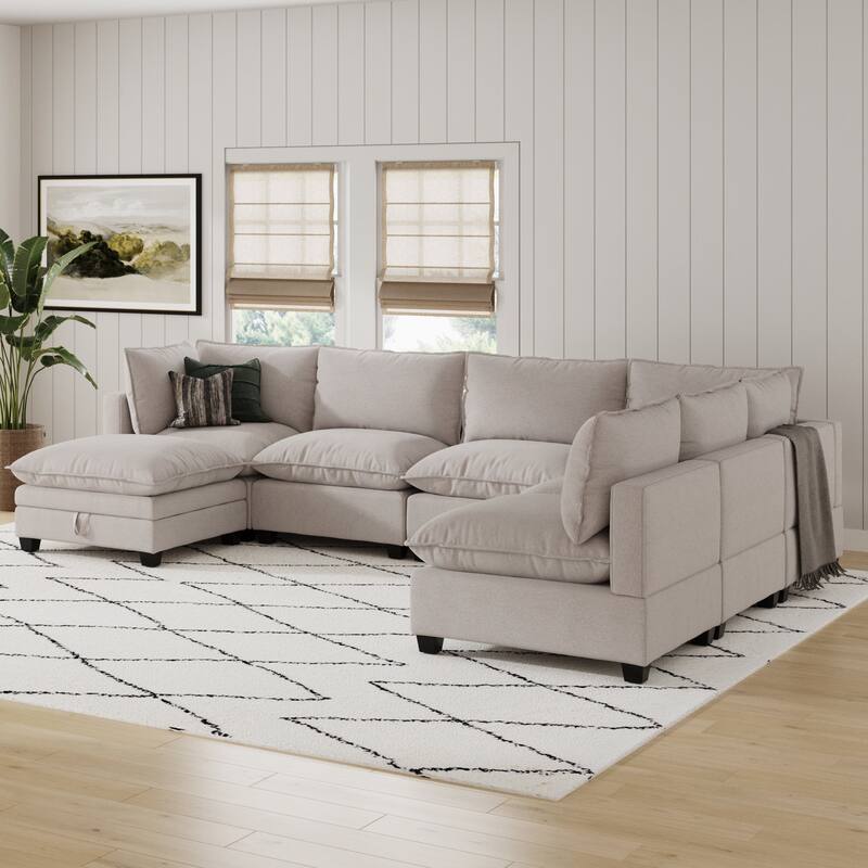 Chelsea Modern Cloud Modular Upholstered Sofa with Deep Seat and Plush Cushions - 6-Sectional + Ottoman - Beige