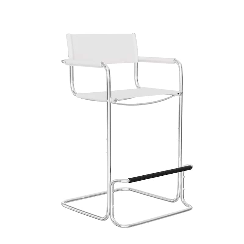 HomeRoots 30" White and Silver Leather and Steel Bar Height Bar Chair