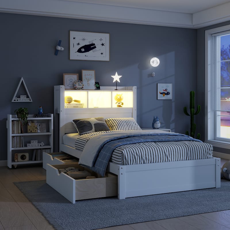 Twin Size Bed with Drawers, Wood Twin Bed with Storage Headboard and Pull Out Storage Cabinet, Wood Bed with Light and Socket