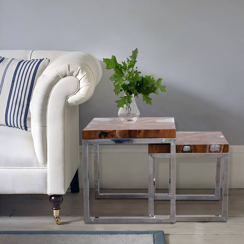 Casual Elements Teak And Resin With Stainless Steel Base Nesting Side Tables