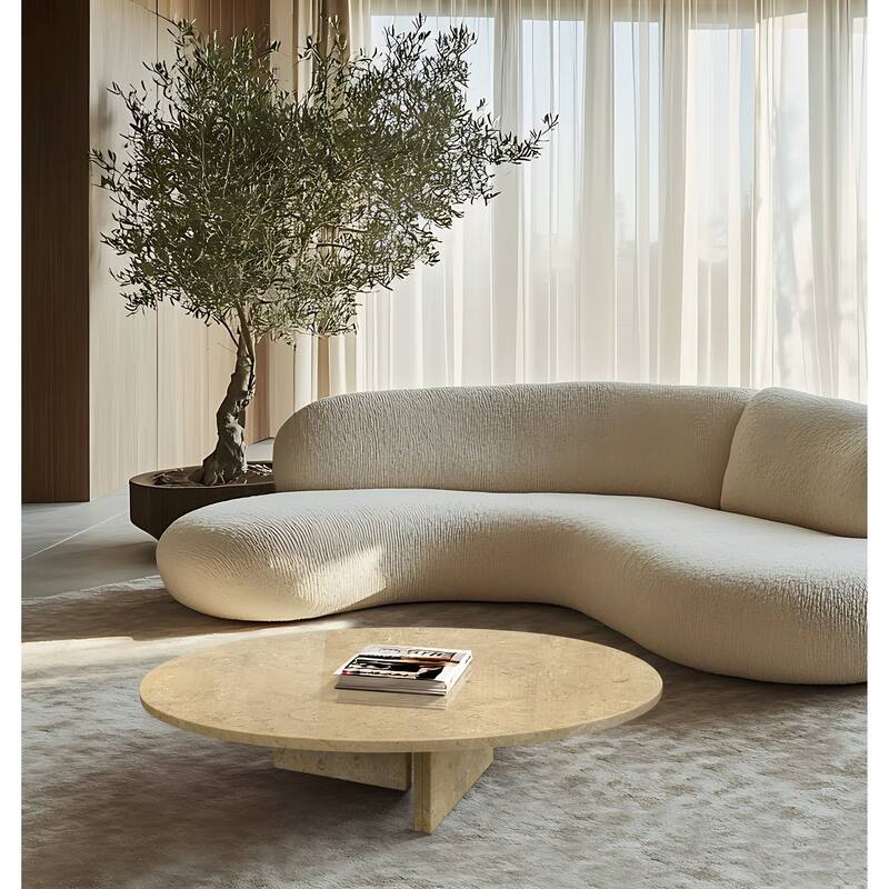 35.4" Natural Marble Stone Coffee Table - Beige+Yellow