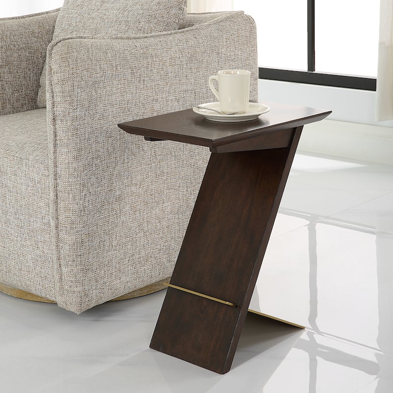 Contemporary Z Shaped Accent Table - 22" - Brown and Brass Tone