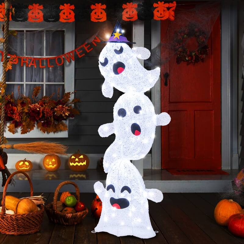 Gymax 4 Ft Halloween Decorations Outdoor Stacked Ghosts w/ Built-in
