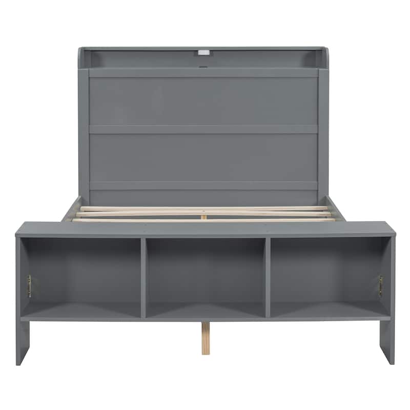 Full Size Platform Bed with built-in shelves, LED Light and USB ports