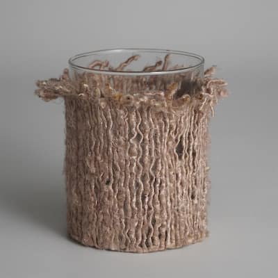 Candle Holder 5"x4" Wrapped in Natural Fabri- A - NATURAL