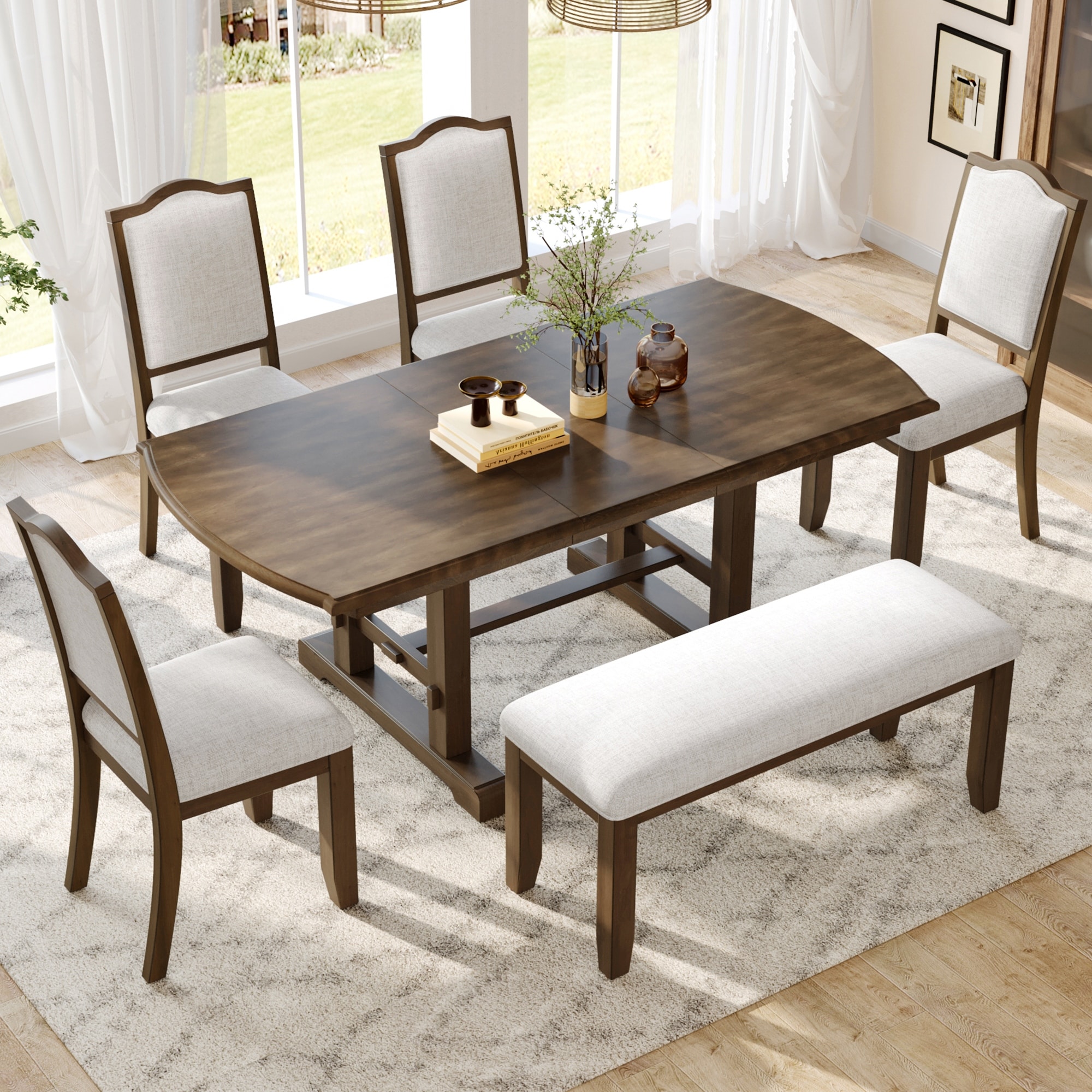 Virex 6-Piece Dining Set, Wooden Extendable Curved Table with Removable Leaf, Upholstered Chairs & Bench by GDFStudio