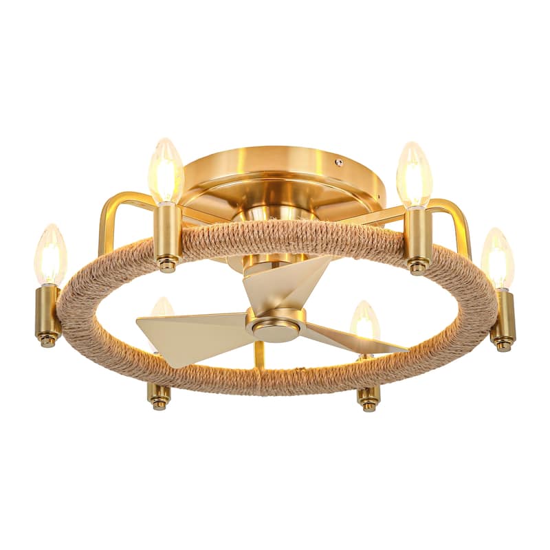 20.4" Farmhouse Gold Hemp Rope Chandelier Low Profile Caged Ceiling Fan with Light - 20.35 in. D x 20.35 in. W x 6.54 in. H