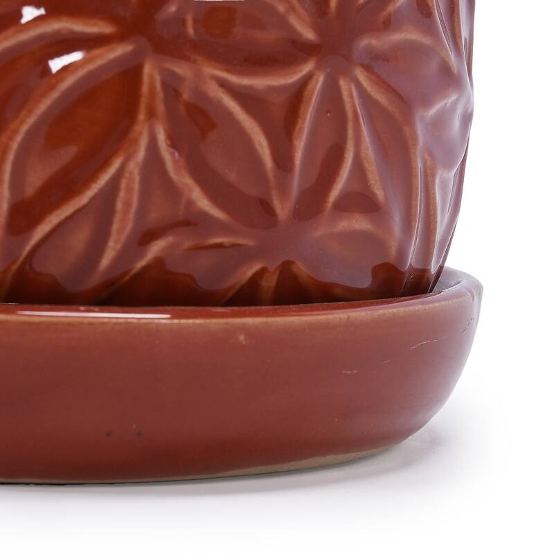 Set of 2 Handmade Modern Embossed Leaf Ceramic Planters with Saucers