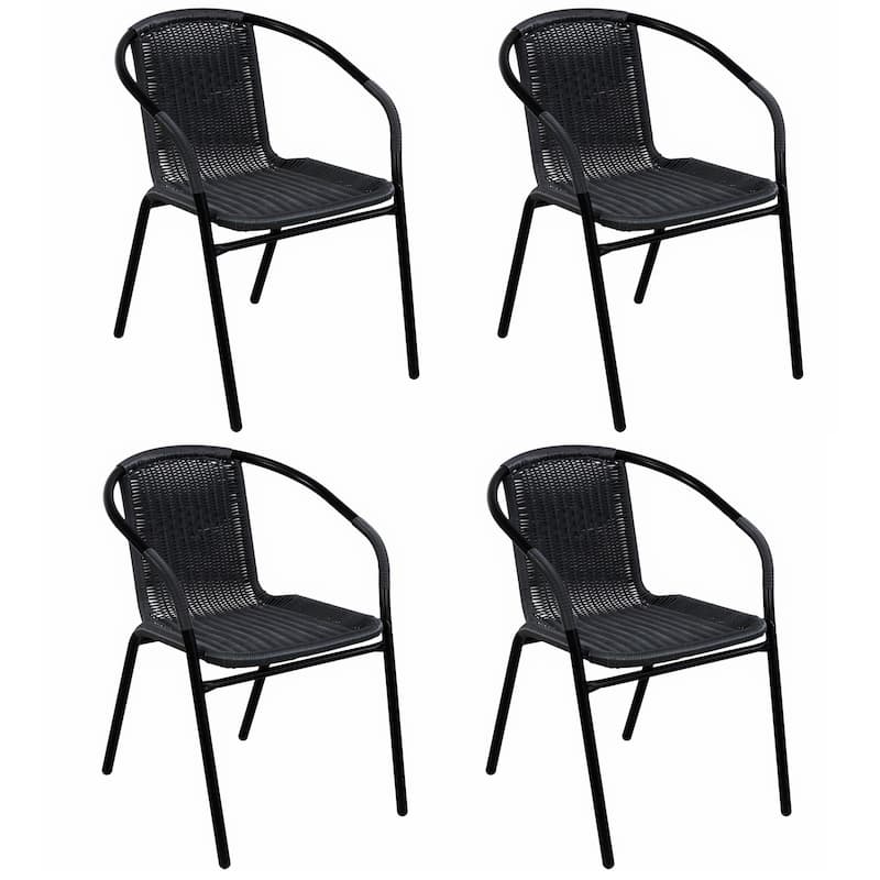 BTEXPERT Indoor Outdoor 4 - Set of Four Black Restaurant Rattan Stack Chairs - Black