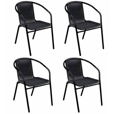 BTEXPERT Indoor Outdoor 4 - Set of Four Black Restaurant Rattan Stack Chairs