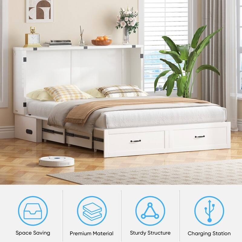 Mixoy Modern Murphy Bed Cabinet Queen Size with Charging,Optional Mattress