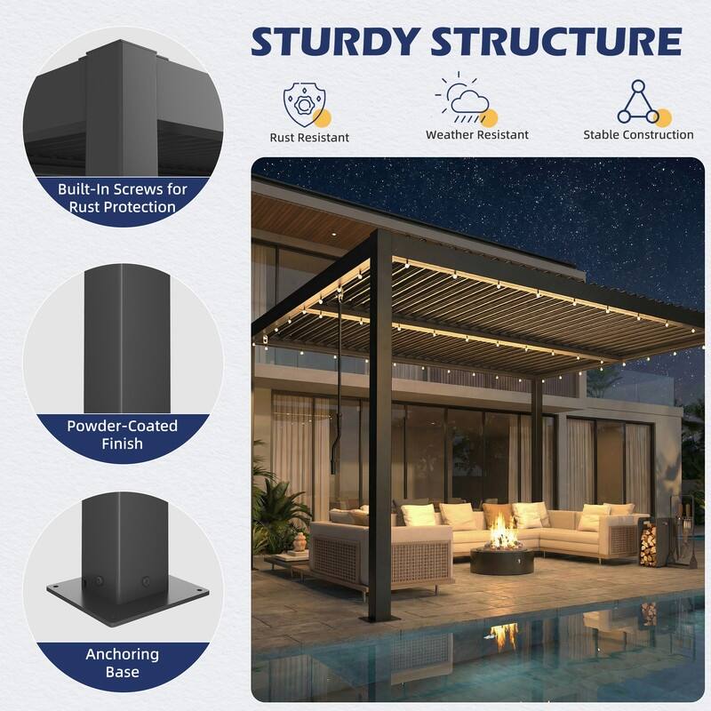 EROMMY Outdoor Louvered Pergola with Adjustable Aluminum Roof – Rainproof Gazebo for Patio & Garden