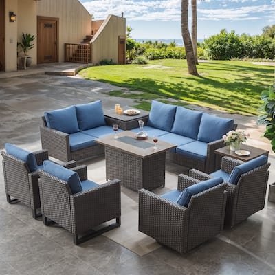 Fire Pit Table with Outdoor Glider Chair Sofa Table - Blue cushion - Brown