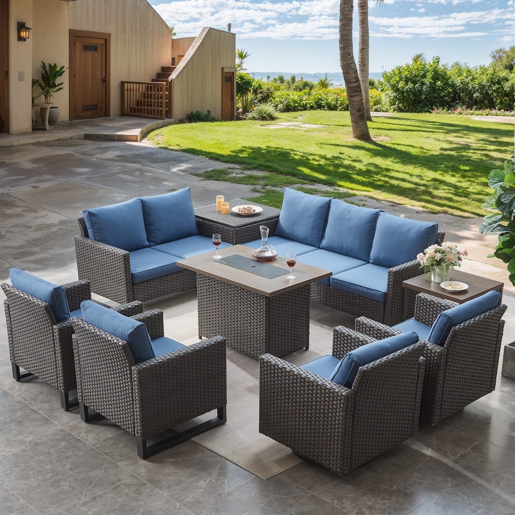 Fire Pit Table with Outdoor Glider Chair Sofa Table - Blue cushion - Brown