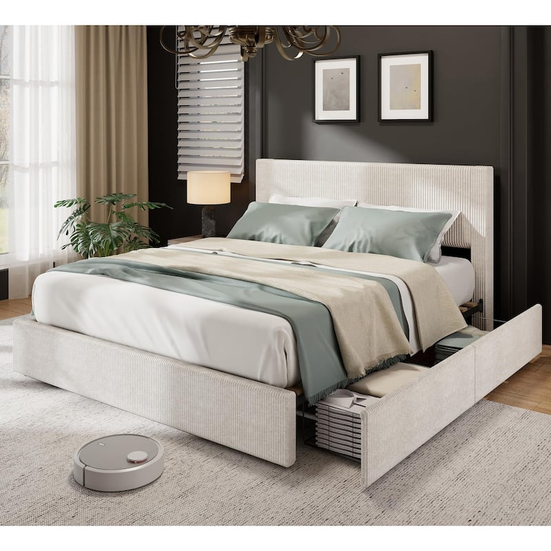 Full/Queen/King Size Bed Frame with Tufted Wingback Headboard, Platform Corduroy Upholstered Bed Frame with 4 Drawers - Full - Beige