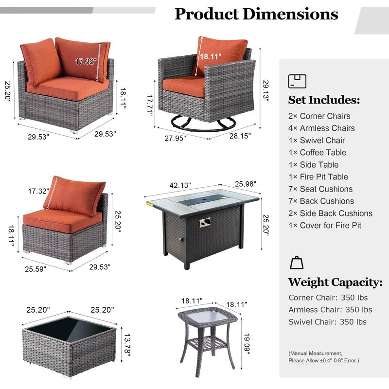 HOOOWOOO 10-piece Wicker Patio Furniture Sectional Sofa Set Swivel Rocker with Fire Pit Table