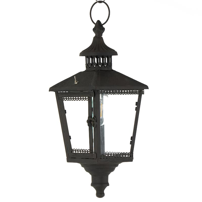 Metal Light House Style Decorative Candle Lantern with Ring Handle - Black - Roche River Decor - 7"W x 7"L x 16"H
