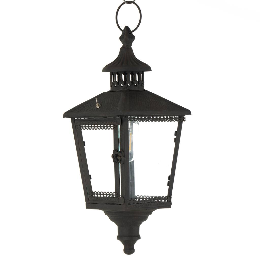 Metal Light House Style Decorative Candle Lantern with Ring Handle - Black - Roche River Decor - 7"W x 7"L x 16"H