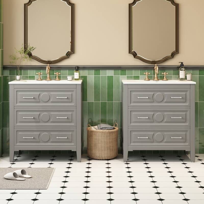 60'' Bathroom Vanity With Ceramic Sink Combo,Free Standing Single Vanity Set With 3 Drawers,Solid Wood Frame Storage Cabinet - Gray