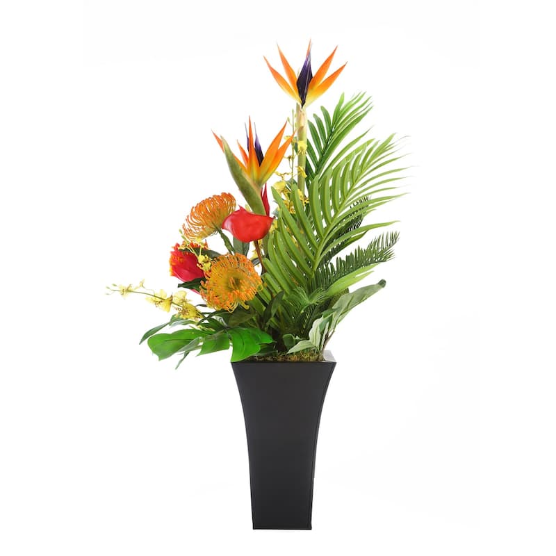 Assorted Tropical Flowers in Black Metal Square Flared Planter - Mutiple color