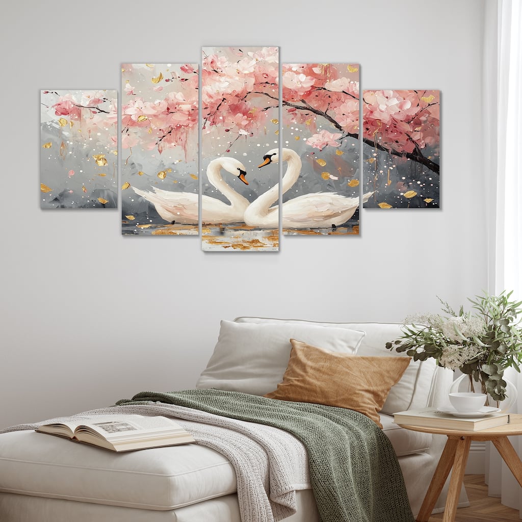 Pink And Gold Swans Love Under Cherry Blossom II - Cherry Blossom Canvas Wall Art Set - Oversized Traditional Wall Art